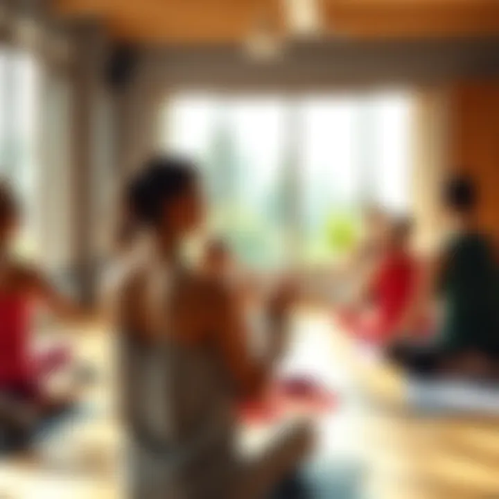 Yoga instructor in a class A yoga instructor leading a class, looking thoughtful as participants practice in a serene environment