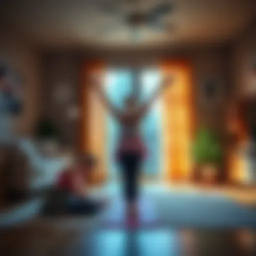 A yoga instructor demonstrates poses in a living room, with a student following along on a mat