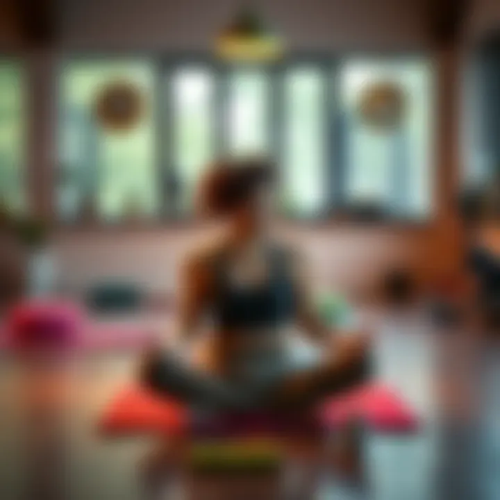 Yoga instructor contemplating A yoga instructor sitting on a mat, looking thoughtful after teaching multiple classes, surrounded by yoga props and a peaceful studio environment.