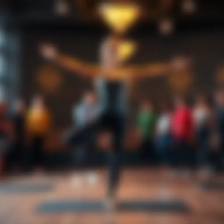 A yoga instructor demonstrates a pose in tight-fitting clothing, showcasing flexibility and teaching style, with students observing