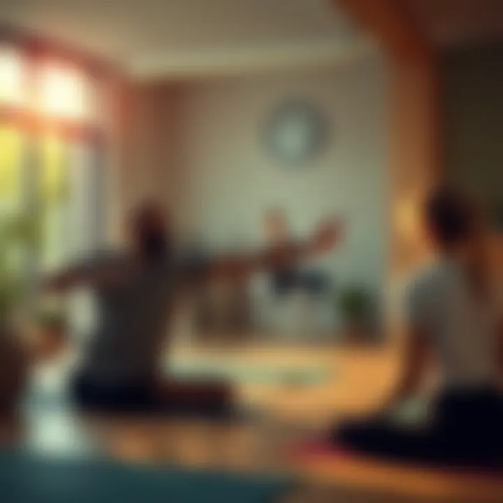 Yoga mentorship session A yoga instructor guiding students in a class setting, focusing on voice and rhythm during practice