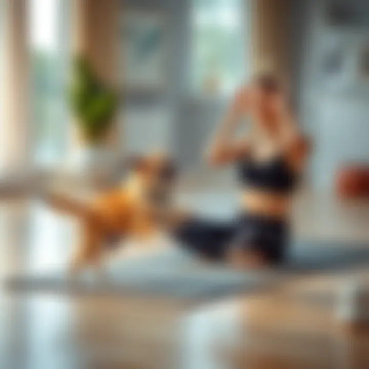 A person doing yoga on a mat with a dog playfully jumping around them during the workout