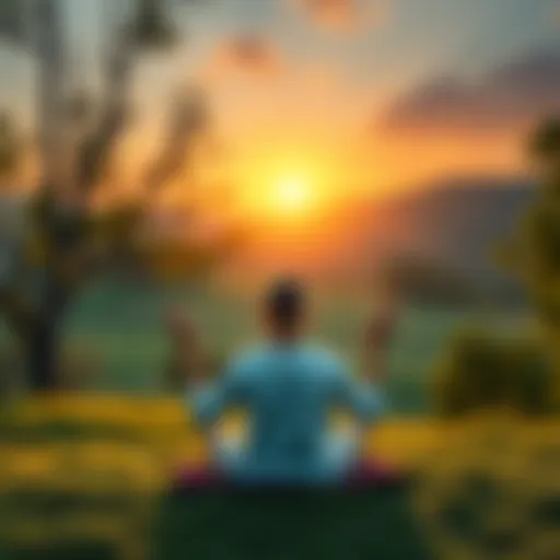 A person sitting in a meditative pose in a calm environment, surrounded by nature, illustrating mindfulness and personal yoga practice