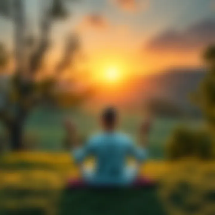 A person sitting in a meditative pose in a calm environment, surrounded by nature, illustrating mindfulness and personal yoga practice