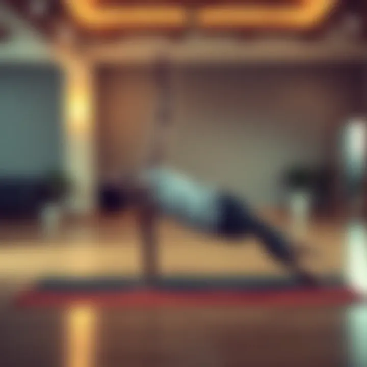 A person practicing Ashtanga yoga in a yoga studio, showing a challenging posture while focusing on balance and strength.