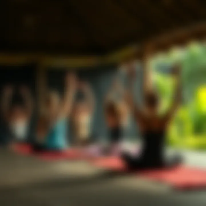 Group of people practicing yoga together in a serene outdoor setting in Bali