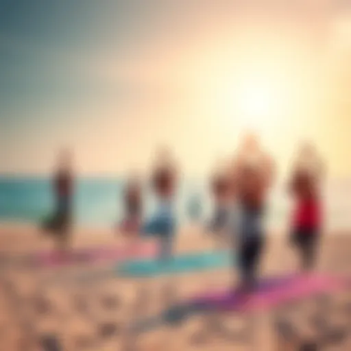 Yoga retreat participants practicing on the beach Group of people practicing yoga on a beach during a retreat
