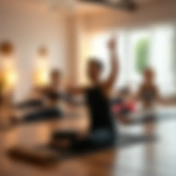 A yoga instructor gently assists students in savasana with essential oil mists and soft touches, promoting relaxation in a calm studio setting.