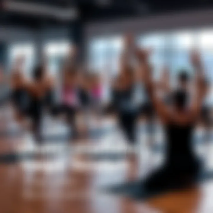 A diverse group of people practicing yoga sculpt in a studio, showcasing various poses and equipment.
