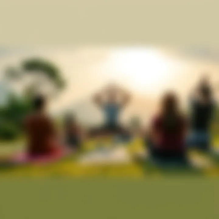 A peaceful yoga session outdoors, with people practicing yoga while reflecting on OshO's teachings, surrounded by nature.