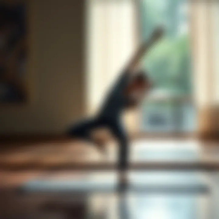 Individual performing a yoga pose on a mat, focused on achieving balance and stability, surrounded by a calm environment