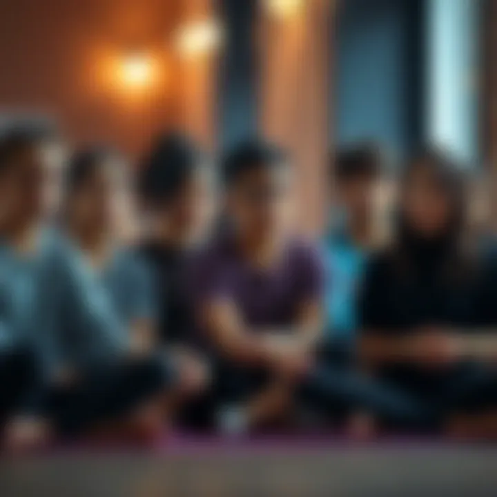 A group of yoga students sitting together with worried expressions, discussing project guidelines and fundraising