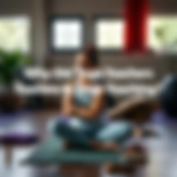 A yoga teacher sitting on a mat with a thoughtful expression, surrounded by yoga props and a calm environment, reflecting on their decision to stop teaching.