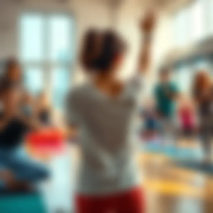 A yoga teacher demonstrates a pose to a class of diverse students in a bright studio