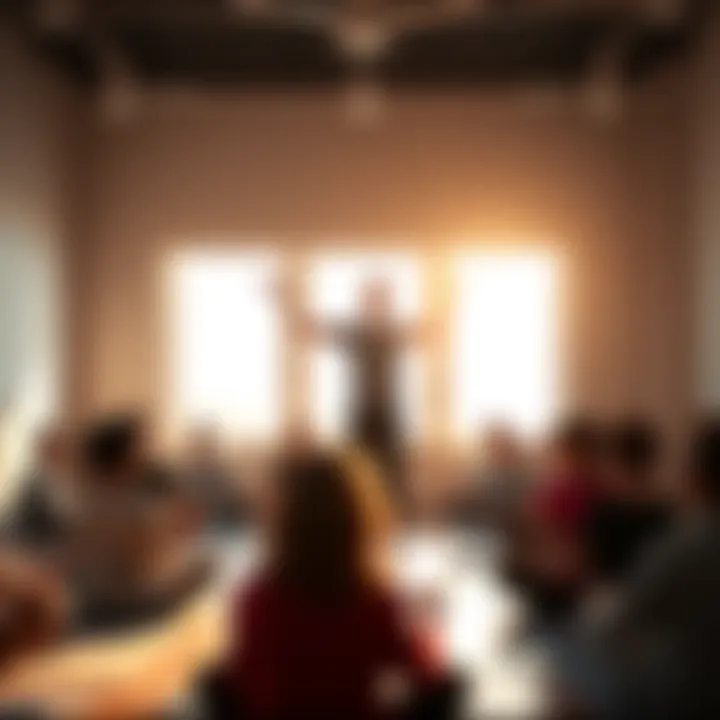 A yoga teacher guides a diverse group of students in a sunlit studio, demonstrating a pose while promoting mindfulness and connection.