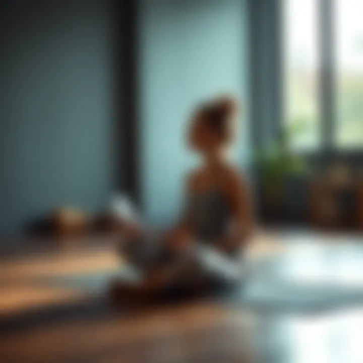 A new yoga teacher sits cross-legged on a mat, pondering whether to pay for yoga classes, with a notebook in hand.