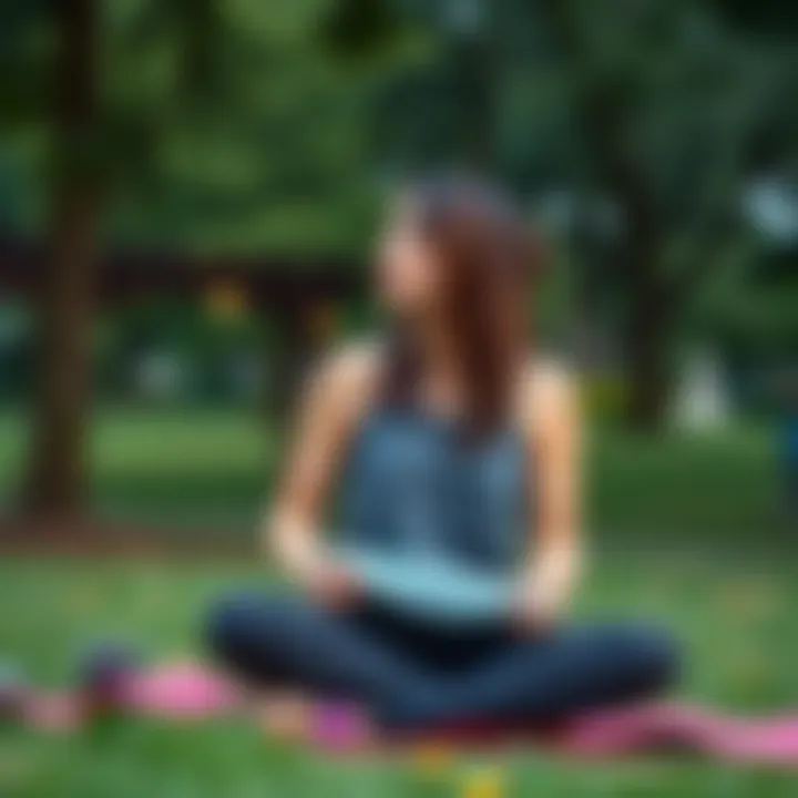Yoga teacher contemplating her lessons A new yoga teacher sits in a park, looking thoughtful while holding a yoga mat, considering her teaching options outside a studio