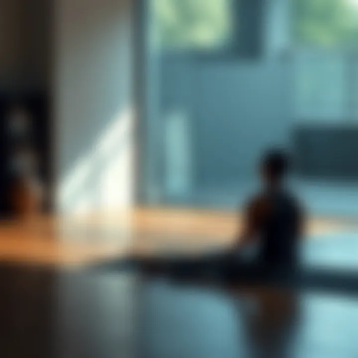 A yoga instructor sitting on a mat in a peaceful room, looking contemplative and lost in thought after a challenging training experience