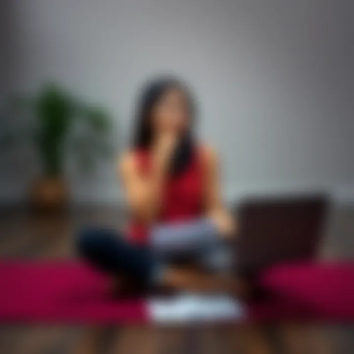 A thoughtful woman sits on a yoga mat with a laptop and training materials, contemplating her decision about paying for yoga teacher training.