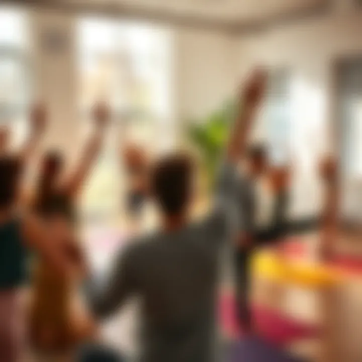 A group of diverse individuals practicing yoga together in a bright studio, focusing on a trainer leading the session.