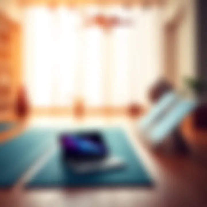A serene studio environment with a vibrant mat and digital device showcasing yoga training.
