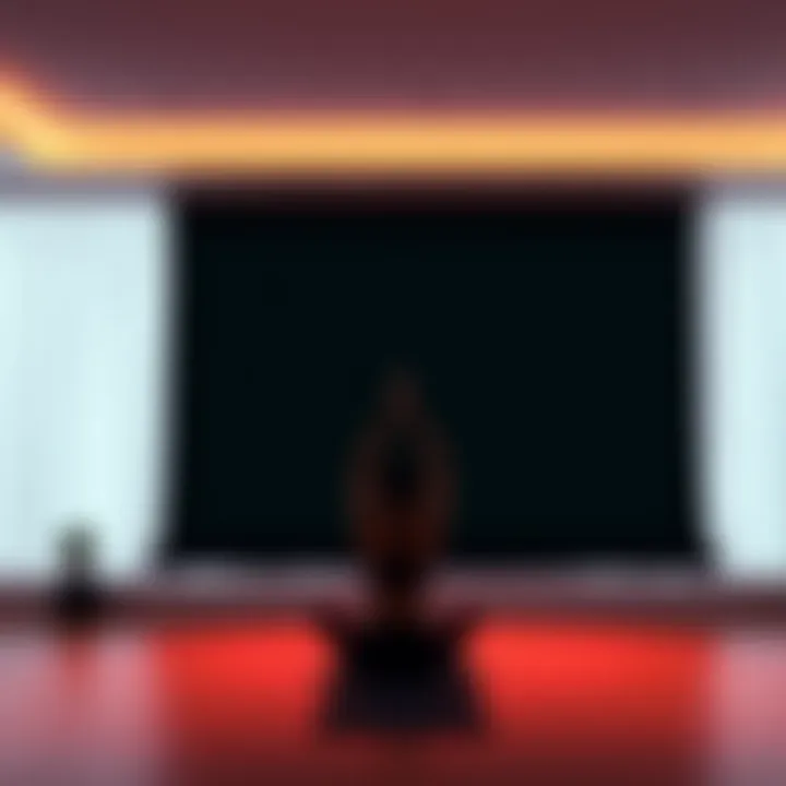 A person practicing yoga in a serene setting with a black screen and soft music playing in the background.