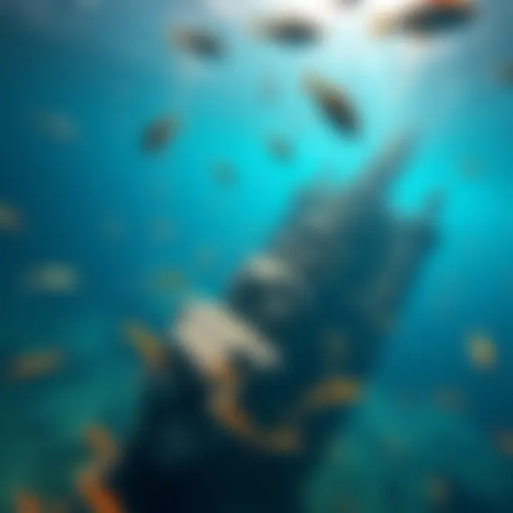 A clear underwater scene showing the stone structures of the Yonaguni Monument surrounded by fish and marine life.