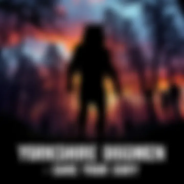 A silhouette of a dogman in a Yorkshire forest at dusk, with trees and a few curious residents watching from a distance.