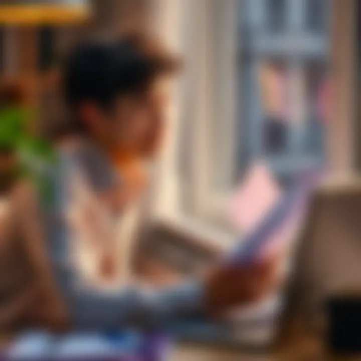 A 20-year-old person sitting at a desk, looking thoughtful with a laptop open and a notepad in hand, illustrating the struggle of balancing career and love life.