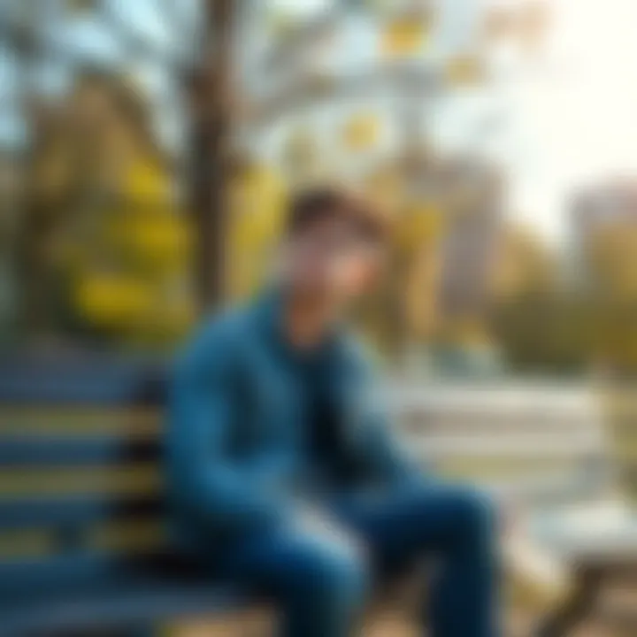 A 21-year-old sitting on a park bench, looking thoughtful as they reflect on relationships and career choices, surrounded by trees and a sunny sky.