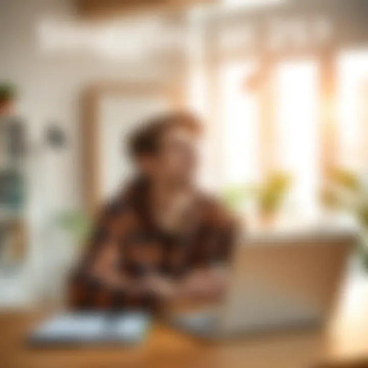 Young adult finding hope A young person looks optimistic while sitting at a desk with a notebook and laptop in a bright room, symbolizing personal growth and change.