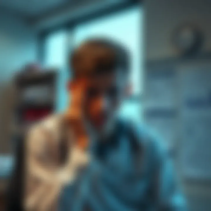A worried 22-year-old holding their head, showing signs of distress from health issues, sitting in a doctor's office, with medical charts in the background.