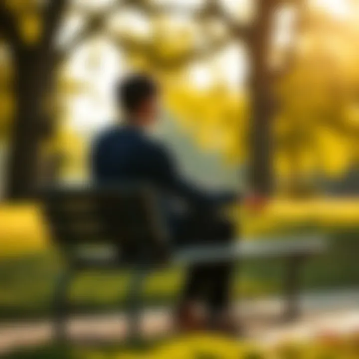 Young adult reflecting in nature A young adult sitting alone on a park bench, looking contemplative with trees and sunlight in the background, symbolizing a search for clarity after a life-changing experience.