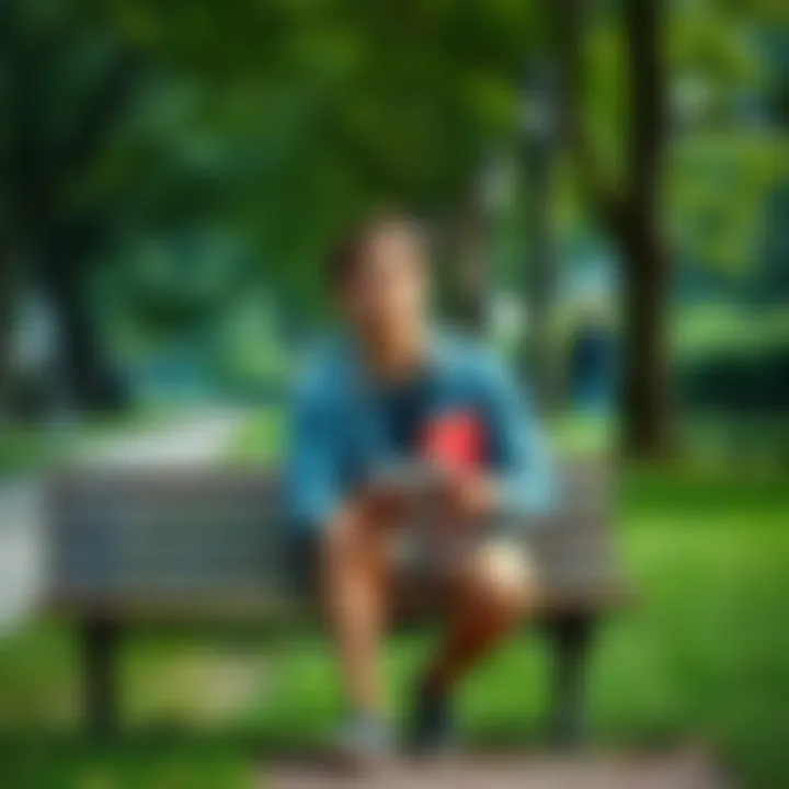 Young Adult Searching for Purpose A 23-year-old individual sitting on a park bench, looking contemplative and holding a notebook. They seem lost in thought, reflecting on their future. Nearby, trees and a quiet path suggest a peaceful...