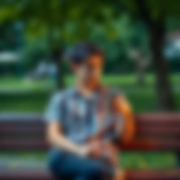 Young adult seeking help A 20-year-old sitting on a park bench, looking contemplative and holding a phone, with a concerned expression as they seek support online.