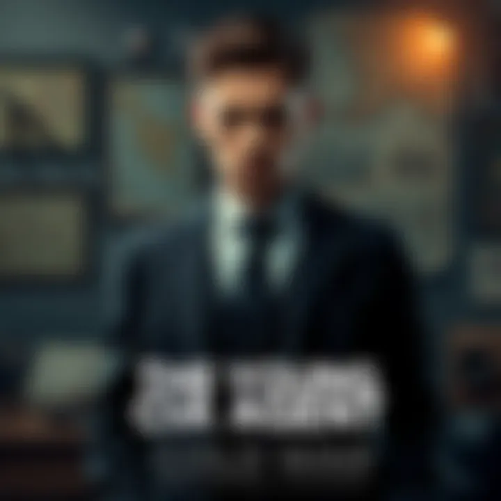 A young CIA agent in a suit, standing confidently with a backdrop of the Cold War era, showcasing espionage tools and old maps.