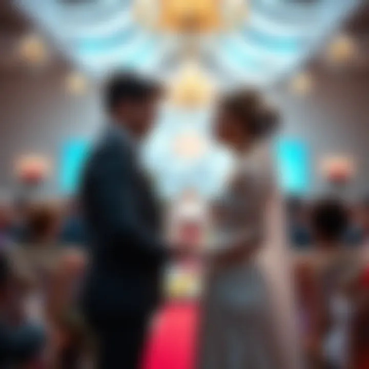 A 24-year-old couple holding hands during their wedding ceremony, surrounded by friends and family, symbolizing marriage trends among young adults.