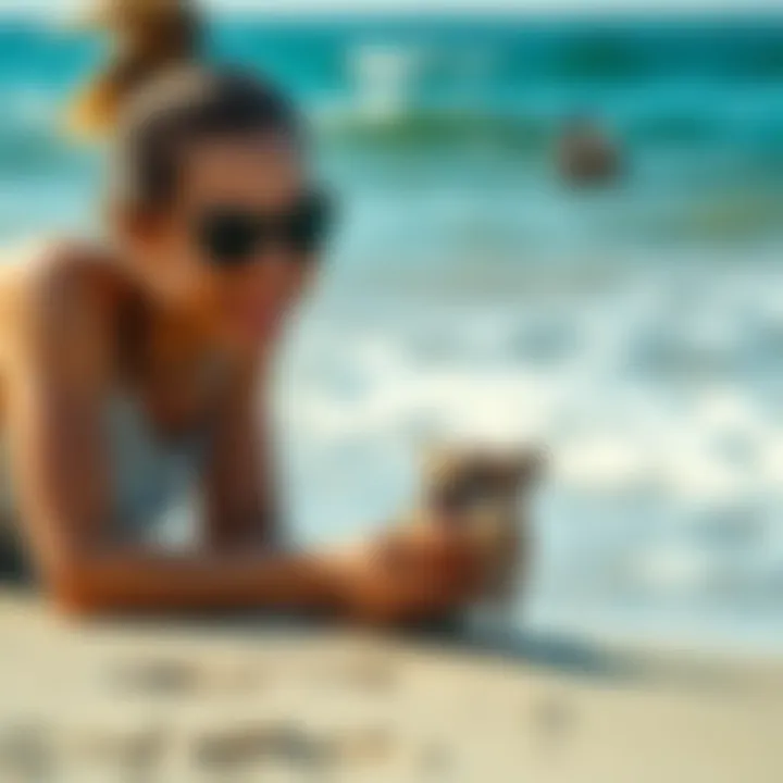 A beach-goer smiling as they interact with a small playful animal on the sand, with waves in the background.