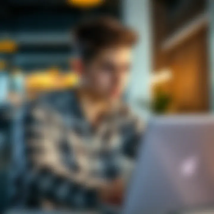 A 22-year-old looking at a laptop with thoughtful expression, contemplating starting a business in a modern workspace.