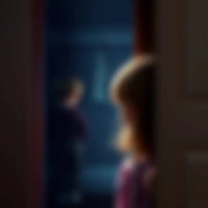 A toddler peering curiously into a closet with a faint outline of a boy visible inside.
