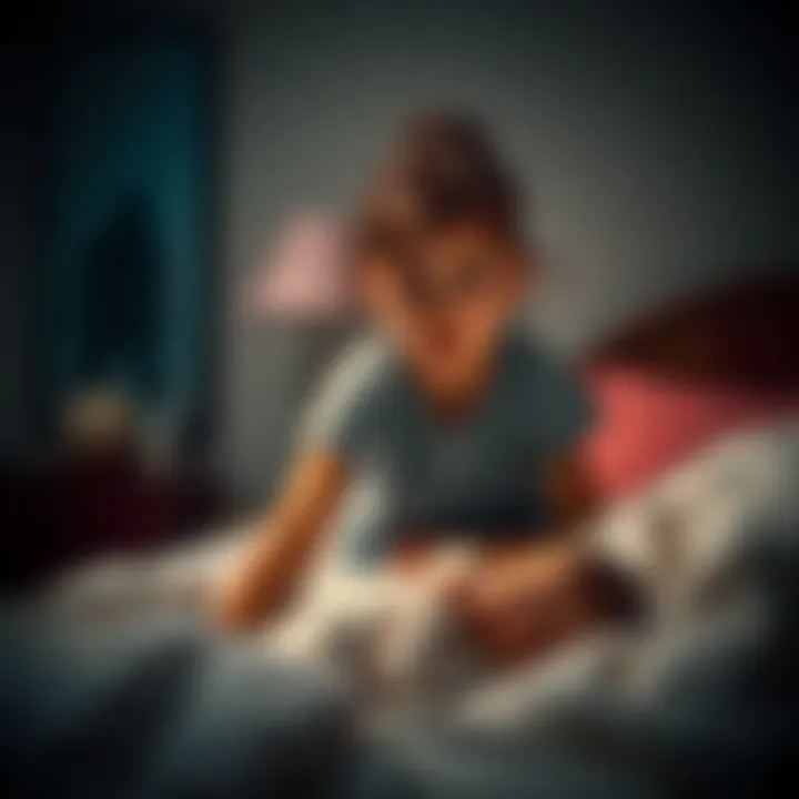 A young girl looking scared while sitting on her bed, with a dark figure faintly visible in the corner of the room, her baby sister asleep beside her.