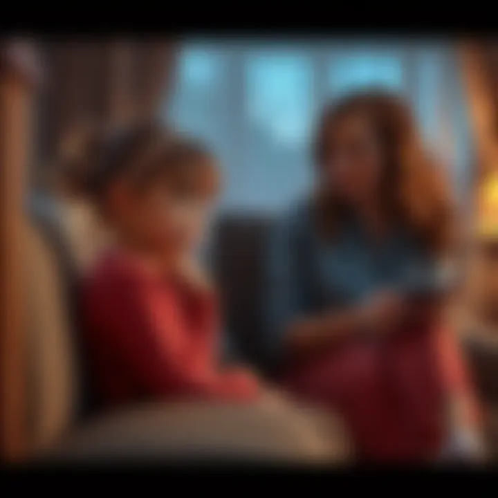 Young girl recounts past life incident A 4-year-old girl sitting on a couch, looking thoughtfully as she shares a story about a plane crash with her mother listening intently.
