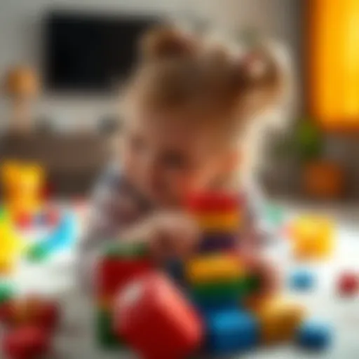 A three-year-old girl joyfully stacking colorful blocks on the floor, surrounded by toys in a bright living room.
