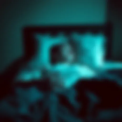 A young man lying in bed with a look of fear and anxiety, while a shadowy figure looms in the corner of the room, depicting sleep paralysis