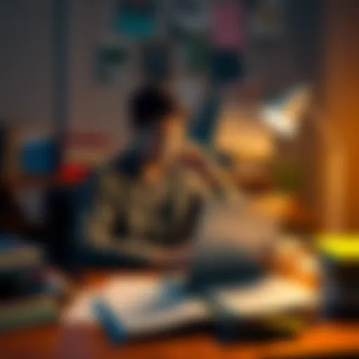 A 24-year-old man sitting at a desk, looking thoughtfully at a laptop, surrounded by career-related books and papers, representing struggles in finding purpose