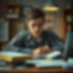 A 24-year-old man sits at a desk, looking concerned while studying. Books and papers are scattered around, reflecting his anxiety about failed exams and career uncertainty.