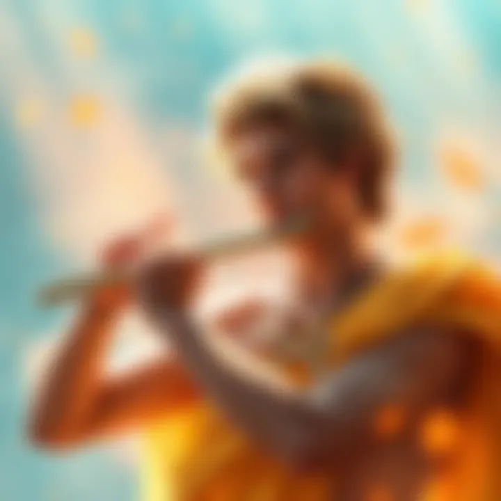A young man plays a flute while wearing a necklace symbolizing Apollo, surrounded by a bright and hopeful atmosphere.