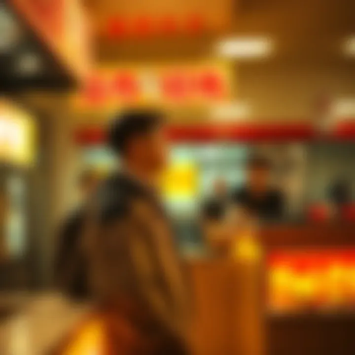 A young man stands at the counter of a fried chicken shop, looking hopeful as he asks a staff member for food while a concerned customer watches nearby.