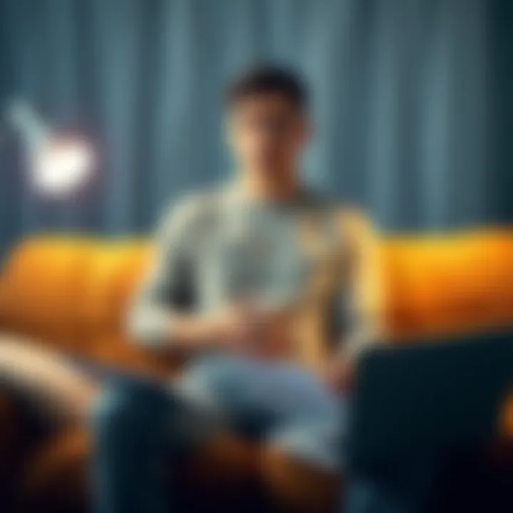 A 23-year-old man sitting on a couch, looking worried while holding his stomach and surrounded by medical documents and a laptop, symbolizing anxiety over health issues.