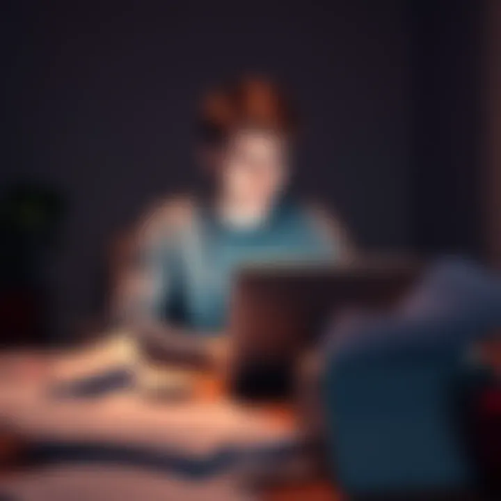 A 23-year-old man sits in a dimly lit room, staring at his laptop with a worried expression, surrounded by job applications and papers, reflecting his job search struggles.